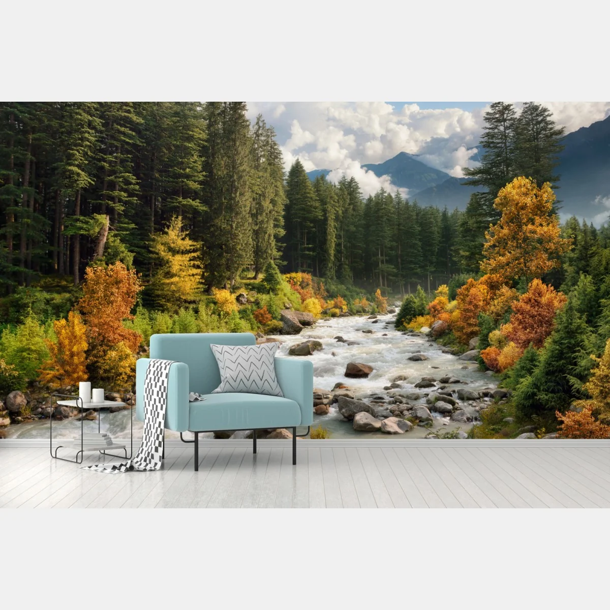 Fototapeta jesienny górski krajobraz z rzeką – Wallissimo® Fototapeta jesienny górski krajobraz z rzeką – Wallissimo®