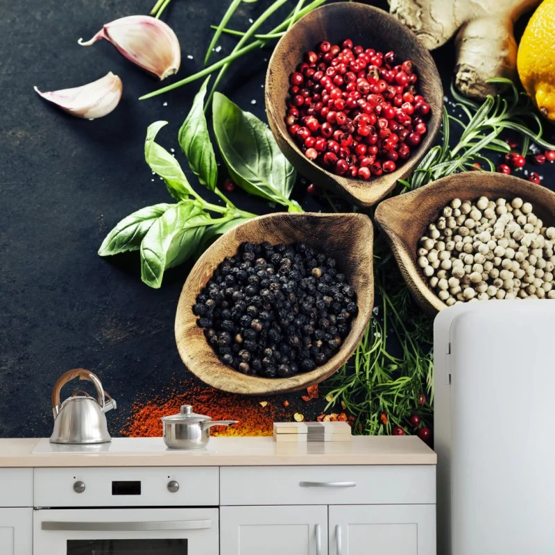 Fototapeta żywe przyprawy i świeże zioła – Wallissimo® Fototapeta żywe przyprawy i świeże zioła – Wallissimo®