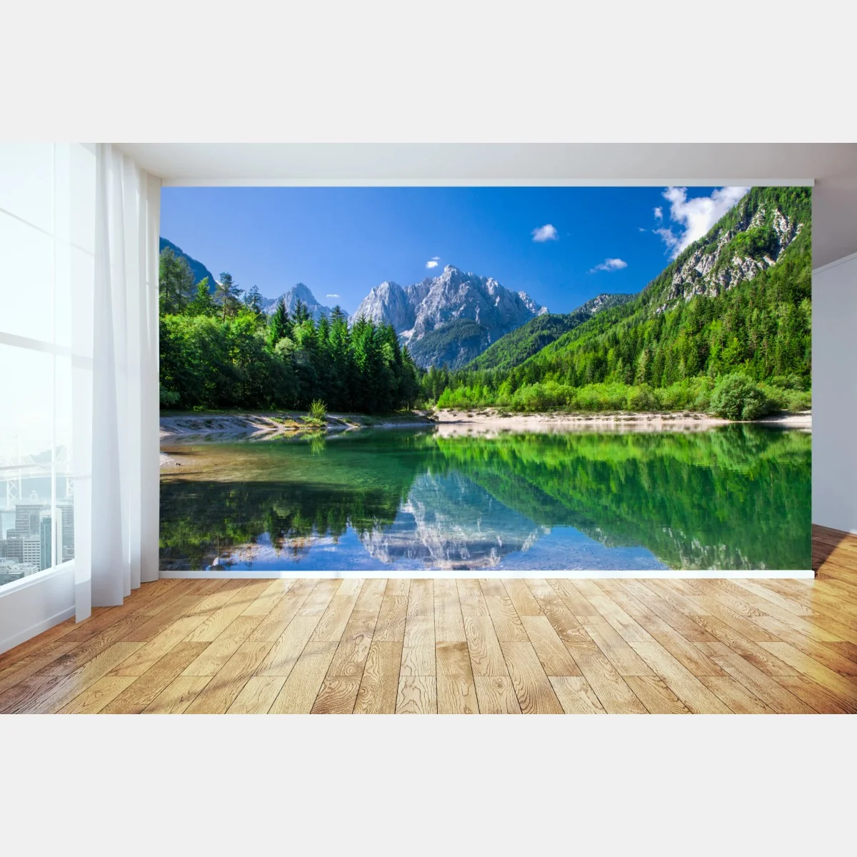 Fototapeta alpejskie jezioro z odbiciem w zielonych górach – Wallissimo® Fototapeta alpejskie jezioro z odbiciem w zielonych górach – Wallissimo®