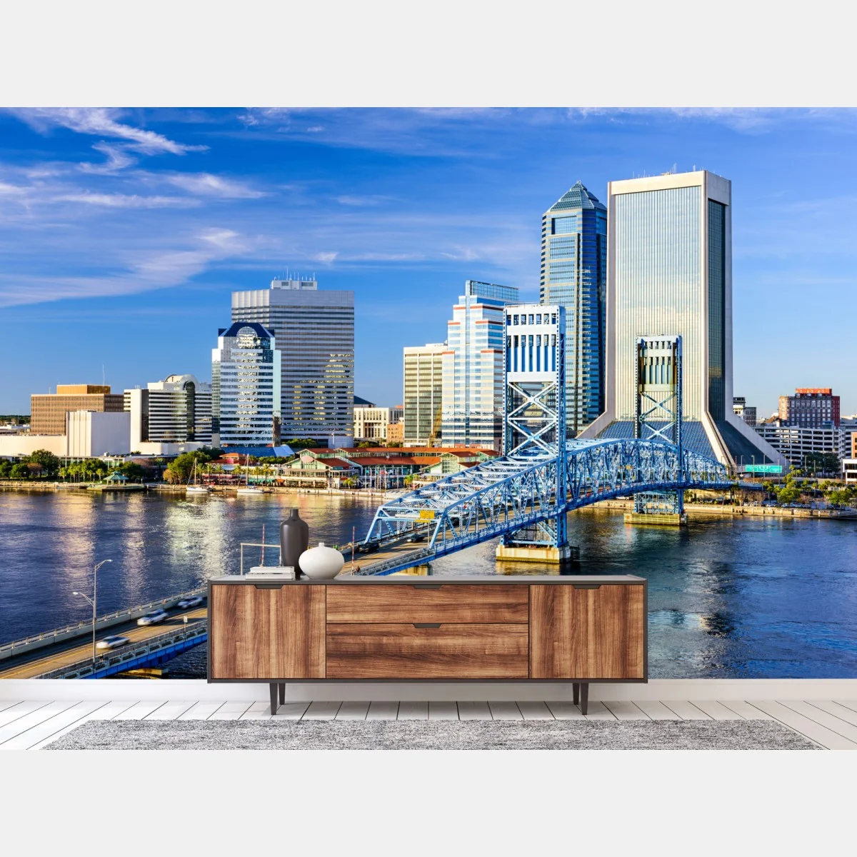 Fototapeta panorama Jacksonville z niebieskim mostem – Wallissimo® Fototapeta panorama Jacksonville z niebieskim mostem – Wallissimo®