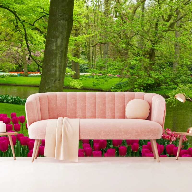 Fototapeta wiosenny ogród tulipanów nad kanałem – Wallissimo® Fototapeta wiosenny ogród tulipanów nad kanałem – Wallissimo®