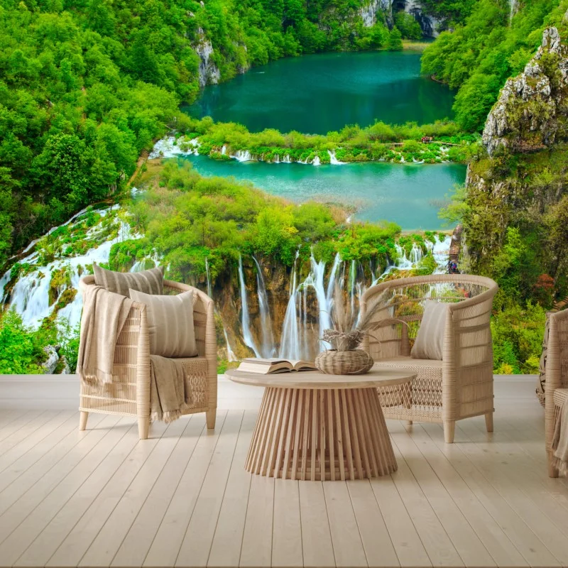 Fototapeta bujny wodospad i turkusowe jeziora – Wallissimo® Fototapeta bujny wodospad i turkusowe jeziora – Wallissimo®