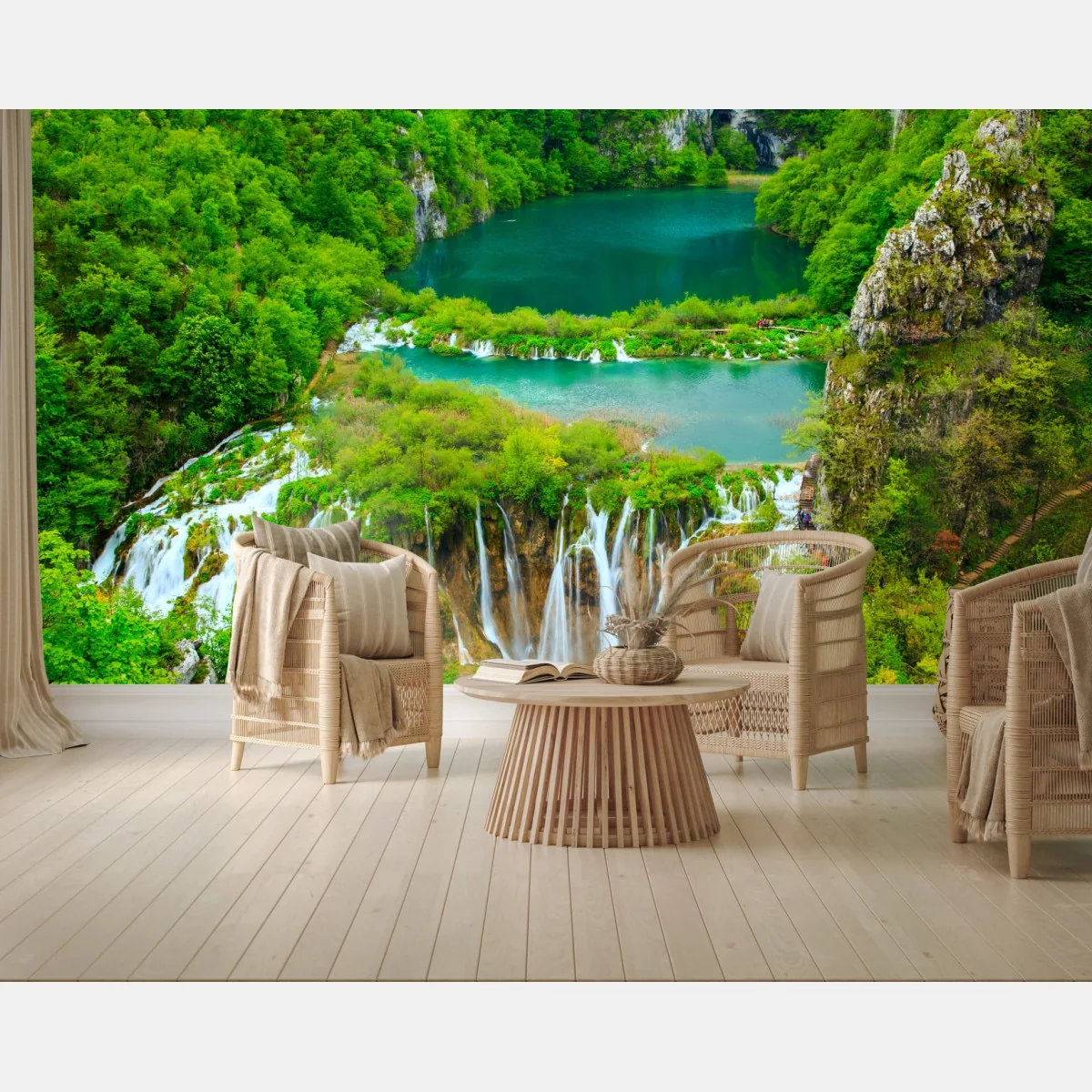Fototapeta bujny wodospad i turkusowe jeziora – Wallissimo® Fototapeta bujny wodospad i turkusowe jeziora – Wallissimo®