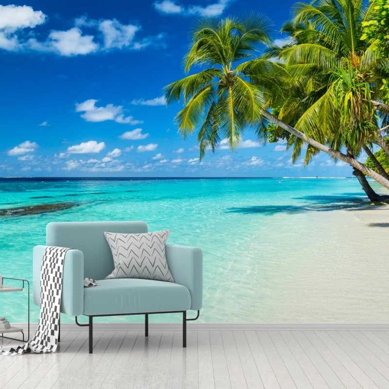 Fototapeta tropikalna turkusowa plaża z pochylonymi palmami – Wallissimo® Fototapeta tropikalna turkusowa plaża z pochylonymi palmami – Wallissimo®