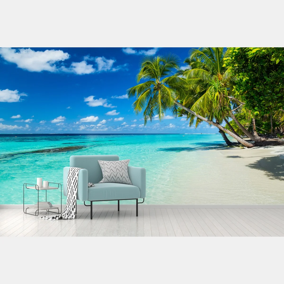 Fototapeta tropikalna turkusowa plaża z pochylonymi palmami – Wallissimo® Fototapeta tropikalna turkusowa plaża z pochylonymi palmami – Wallissimo®