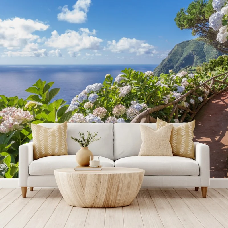 Fototapeta ścieżka nadmorska z hortensjami, São Miguel, Azory – Wallissimo® Fototapeta ścieżka nadmorska z hortensjami, São Miguel, Azory – Wallissimo®
