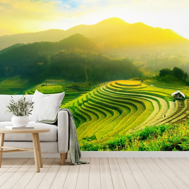 Fototapeta złote tarasy ryżowe o wschodzie słońca – Wallissimo® Fototapeta złote tarasy ryżowe o wschodzie słońca – Wallissimo®