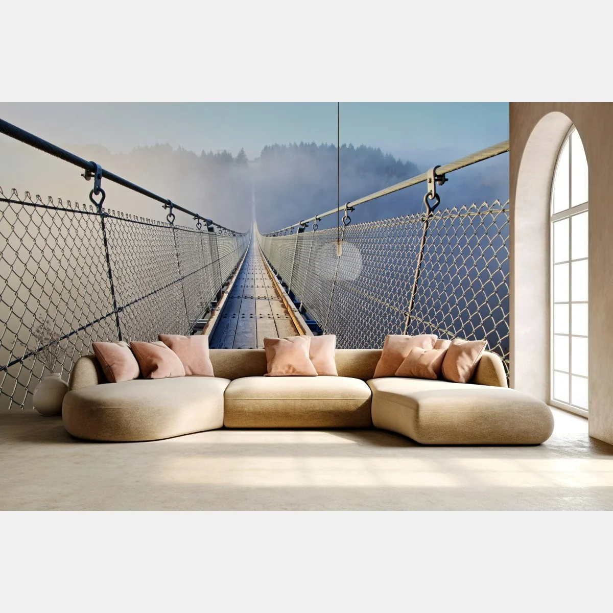 Fototapeta mglisty wiszący most prowadzący w las – Wallissimo® Fototapeta mglisty wiszący most prowadzący w las – Wallissimo®