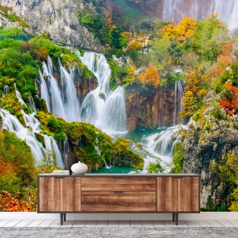 Fototapeta turkusowy wodospad jesienią – Wallissimo® Fototapeta turkusowy wodospad jesienią – Wallissimo®