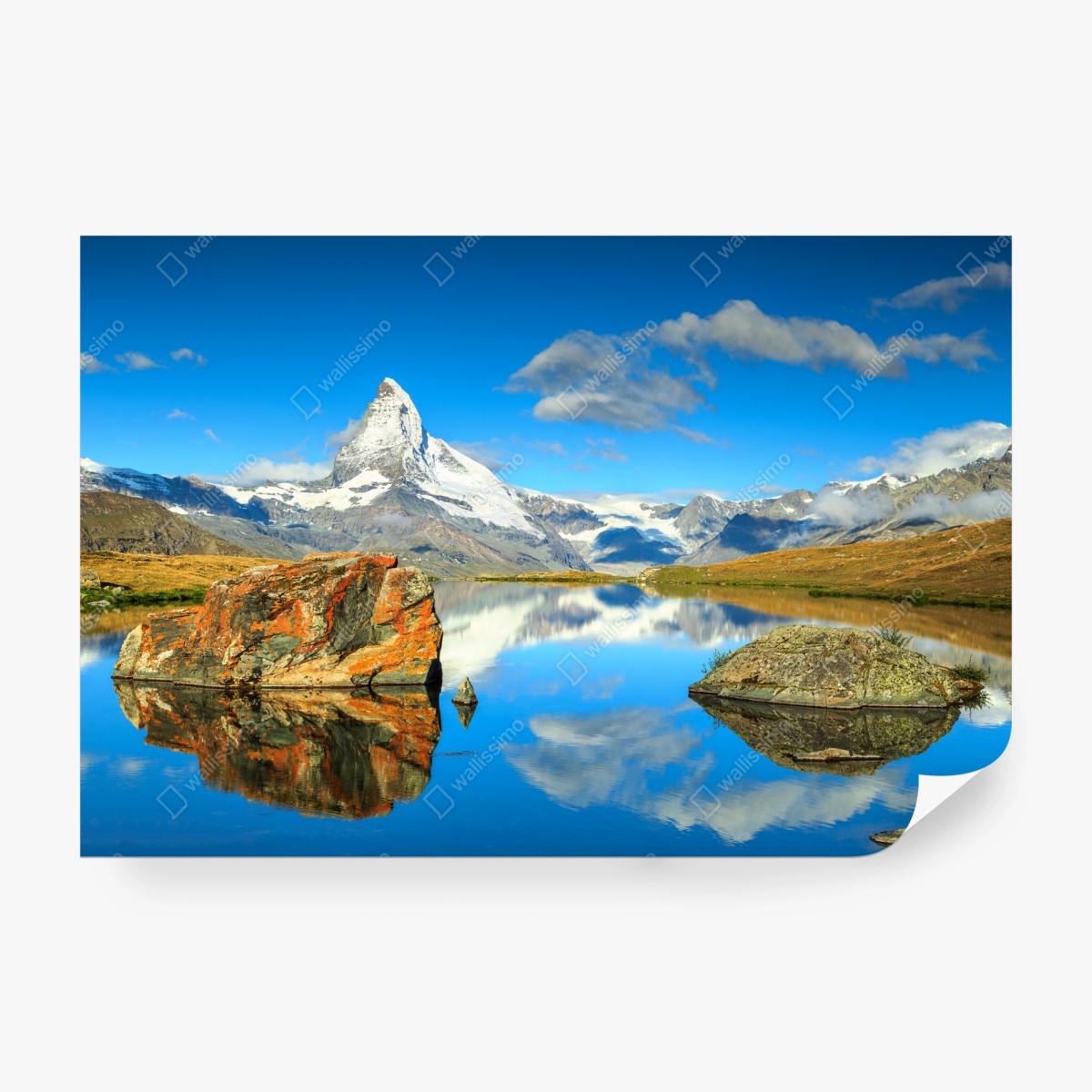 Fototapeta odbicie Matterhornu nad alpejskim jeziorem – Wallissimo® Fototapeta odbicie Matterhornu nad alpejskim jeziorem – Wallissimo®