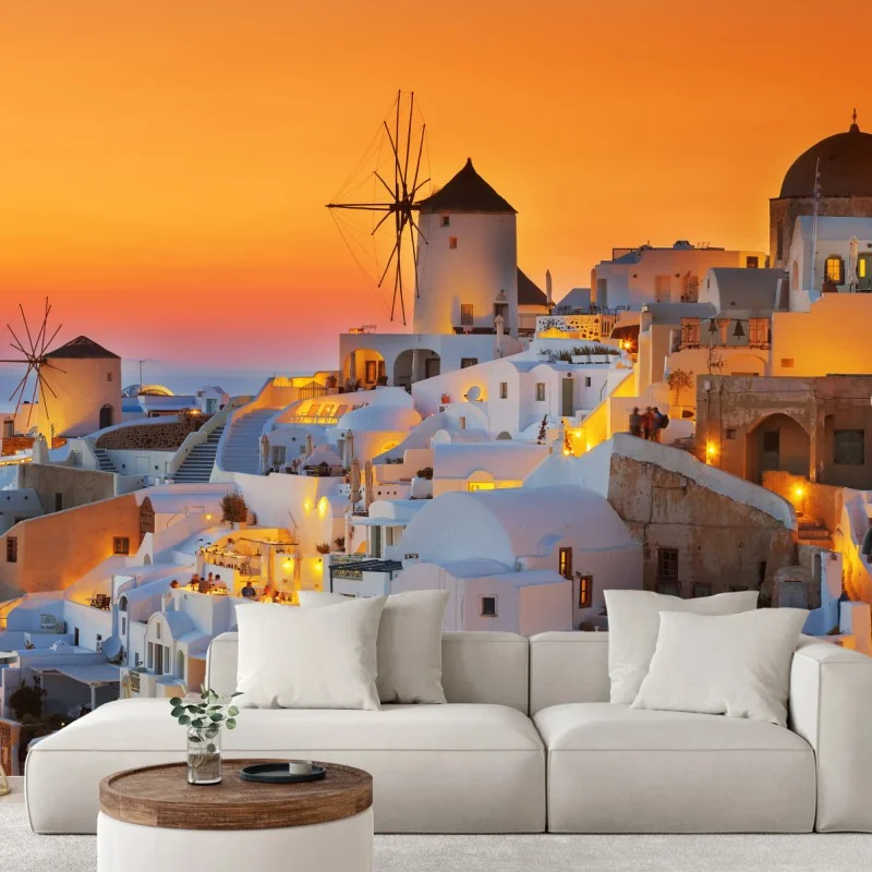 Fototapeta złoty zachód słońca w Oia, Santorini – Wallissimo®