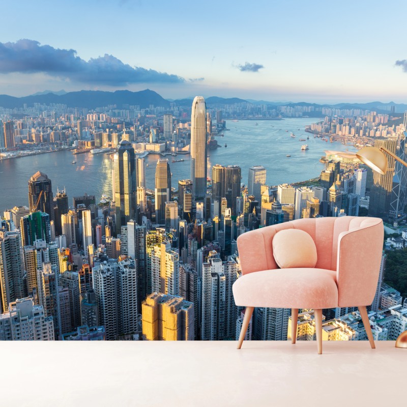Fototapeta panorama Hongkongu o zachodzie słońca – Wallissimo® Fototapeta panorama Hongkongu o zachodzie słońca – Wallissimo®