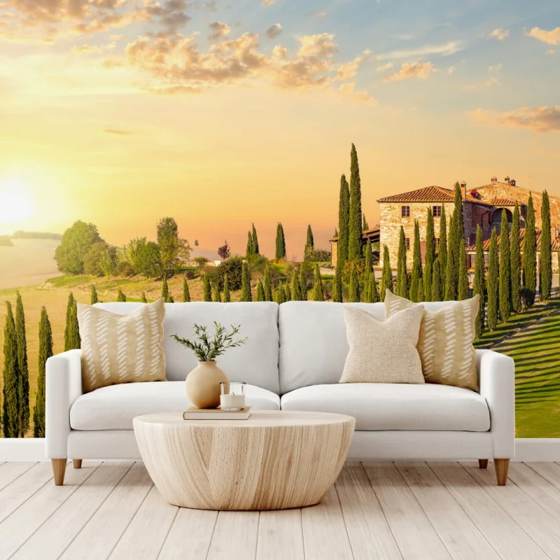 Fototapeta Toskania zachód słońca aleja cyprysów – Wallissimo® Fototapeta Toskania zachód słońca aleja cyprysów – Wallissimo®
