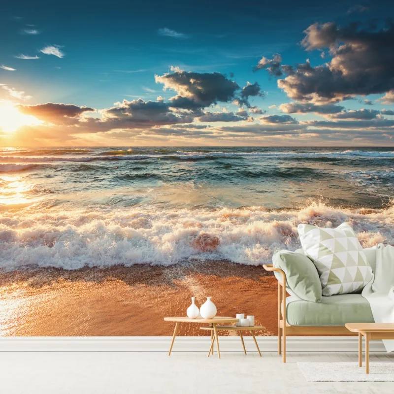 Fototapeta złoty wschód słońca nad brzegiem morza – Wallissimo® Fototapeta złoty wschód słońca nad brzegiem morza – Wallissimo®