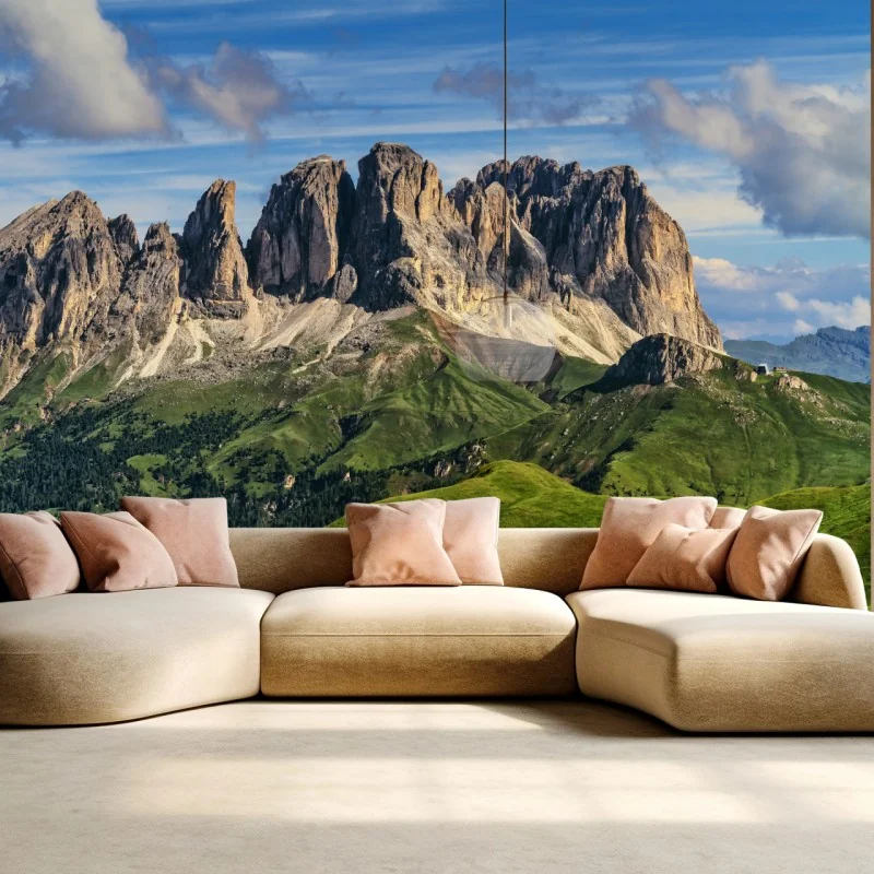 Fototapeta majestatyczna górska panorama z zielonymi wzgórzami – Wallissimo® Fototapeta majestatyczna górska panorama z zielonymi wzgórzami – Wallissimo®