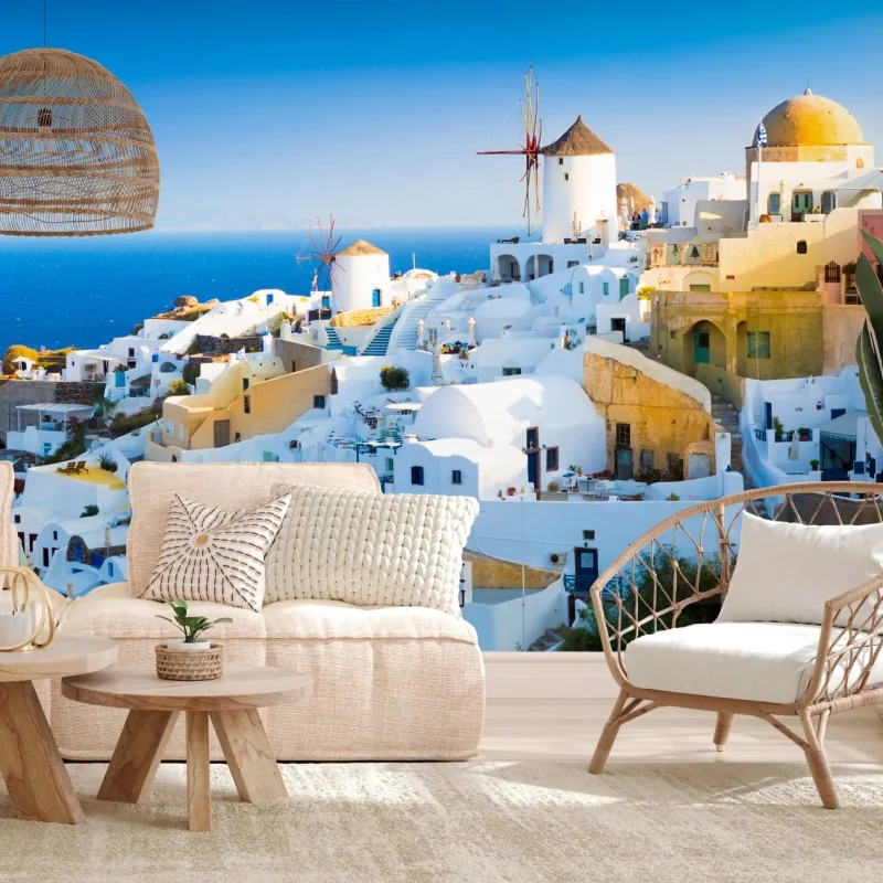 Fototapeta nasłonecznione miasteczko Santorini nad morzem – Wallissimo®