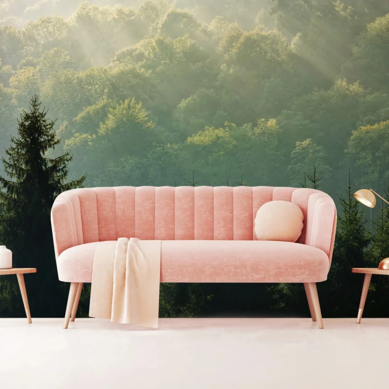 Fototapeta mglisty las świerkowy w Karpatach o wschodzie słońca – Wallissimo®