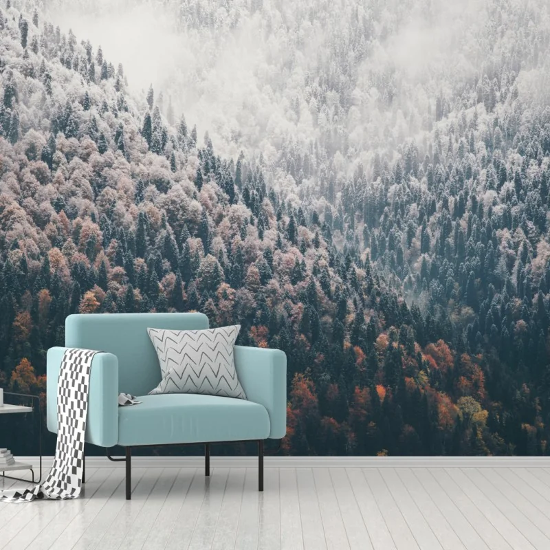 Fototapeta mglisty jesienny las na śnieżnej górze – Wallissimo® Fototapeta mglisty jesienny las na śnieżnej górze – Wallissimo®