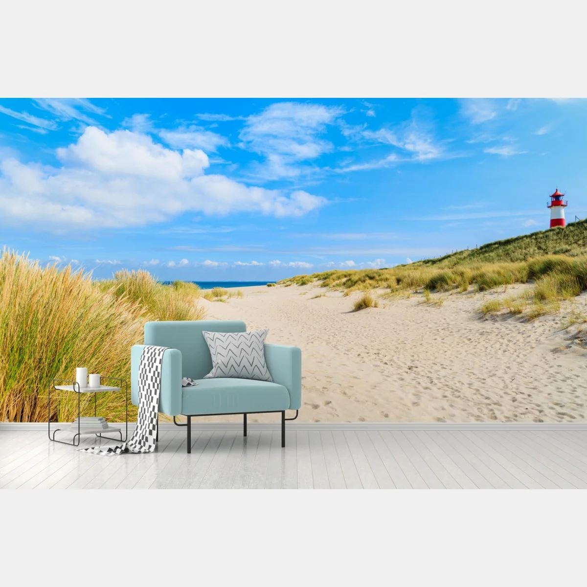 Fototapeta spokojne wydmy Sylt z latarnią morską – Wallissimo® Fototapeta spokojne wydmy Sylt z latarnią morską – Wallissimo®