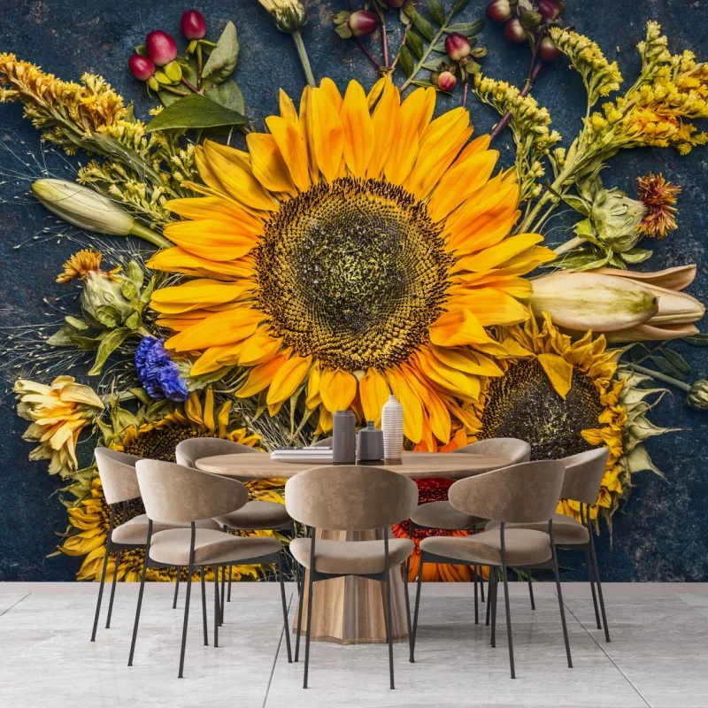 Fototapeta jesienny bukiet słoneczników na ciemnym rustykalnym tle – Wallissimo®