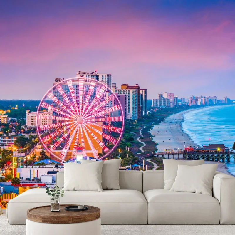 Fototapeta Myrtle Beach zachód słońca nad plażą z diabelskim młynem – Wallissimo® Fototapeta Myrtle Beach zachód słońca nad plażą z diabelskim młynem – Wallissimo®