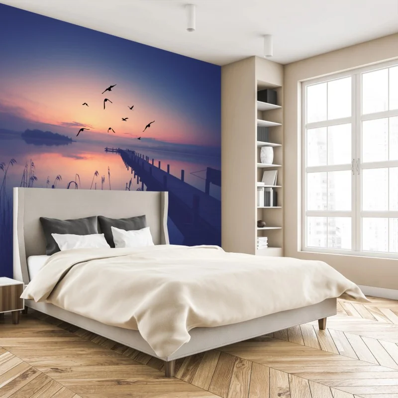 Fototapeta spokojny wschód nad jeziorem z ptakami – Wallissimo® Fototapeta spokojny wschód nad jeziorem z ptakami – Wallissimo®