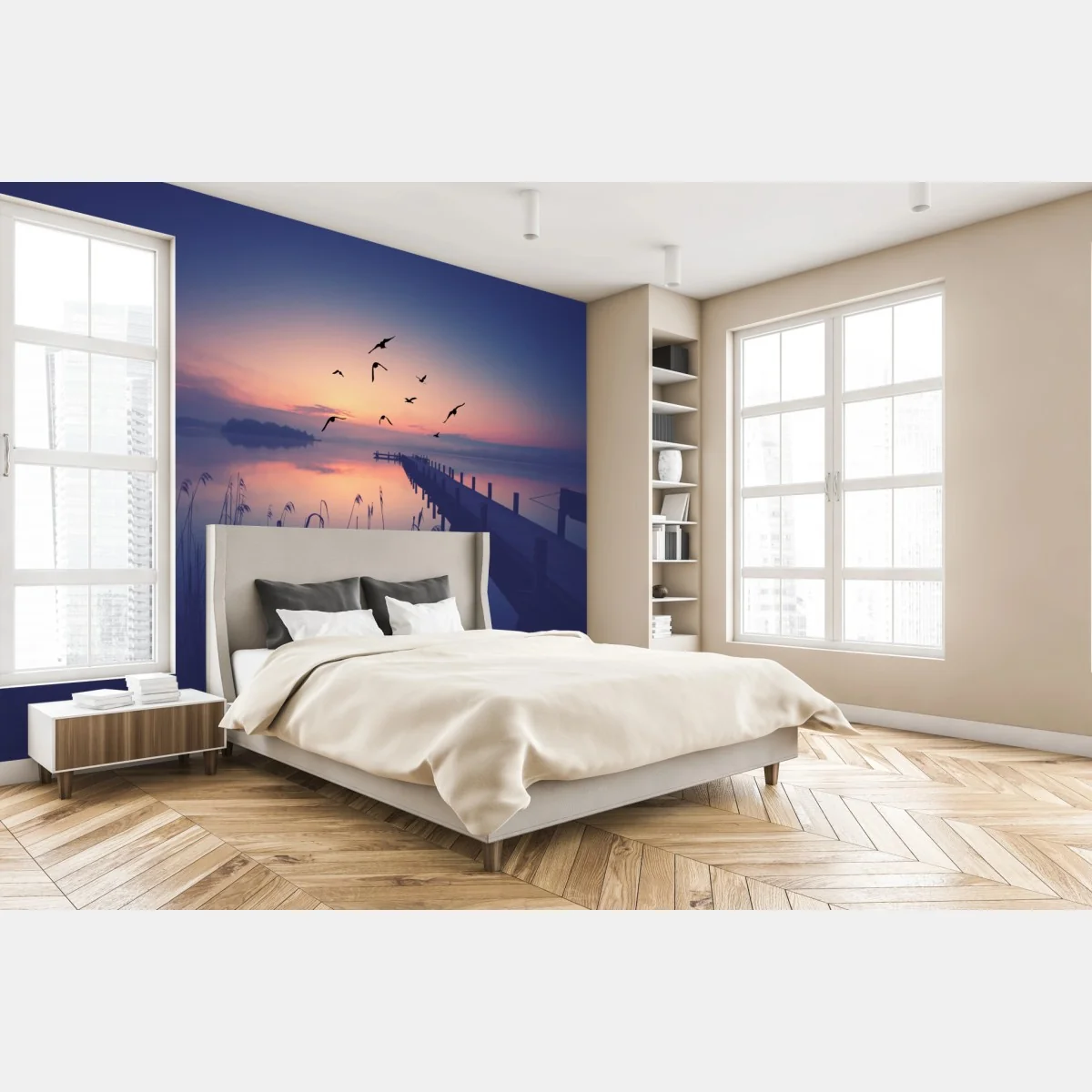 Fototapeta spokojny wschód nad jeziorem z ptakami – Wallissimo® Fototapeta spokojny wschód nad jeziorem z ptakami – Wallissimo®