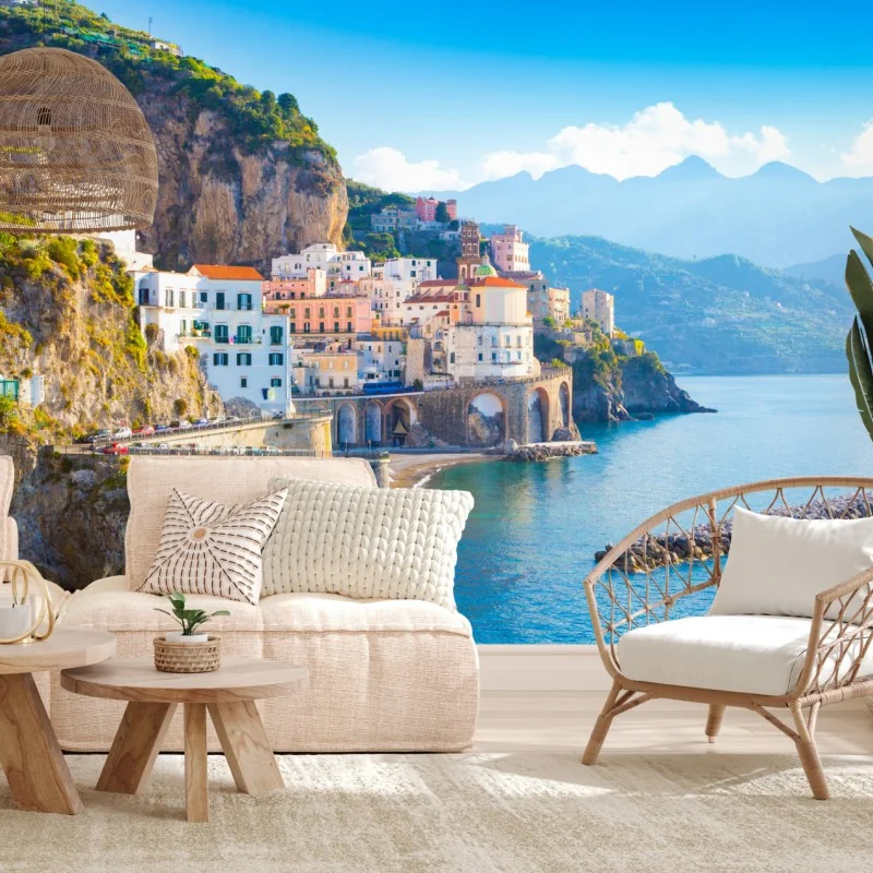 Fototapeta słoneczna wioska na klifie Wybrzeże Amalfi – Wallissimo® Fototapeta słoneczna wioska na klifie Wybrzeże Amalfi – Wallissimo®