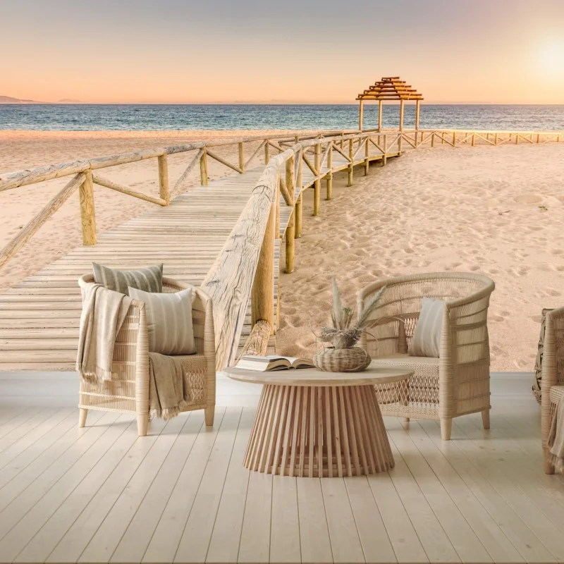 Fototapeta drewniany pomost na plaży Trafalgar o zachodzie słońca – Wallissimo®