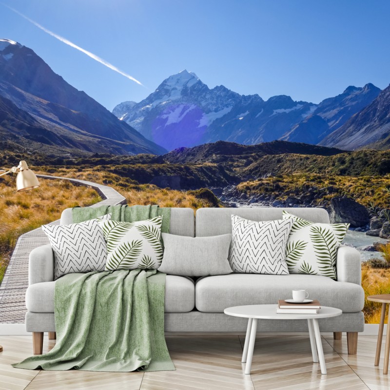 Fototapeta pomost Hooker Valley z widokiem na Aoraki Mount Cook – Wallissimo® Fototapeta pomost Hooker Valley z widokiem na Aoraki Mount Cook – Wallissimo®