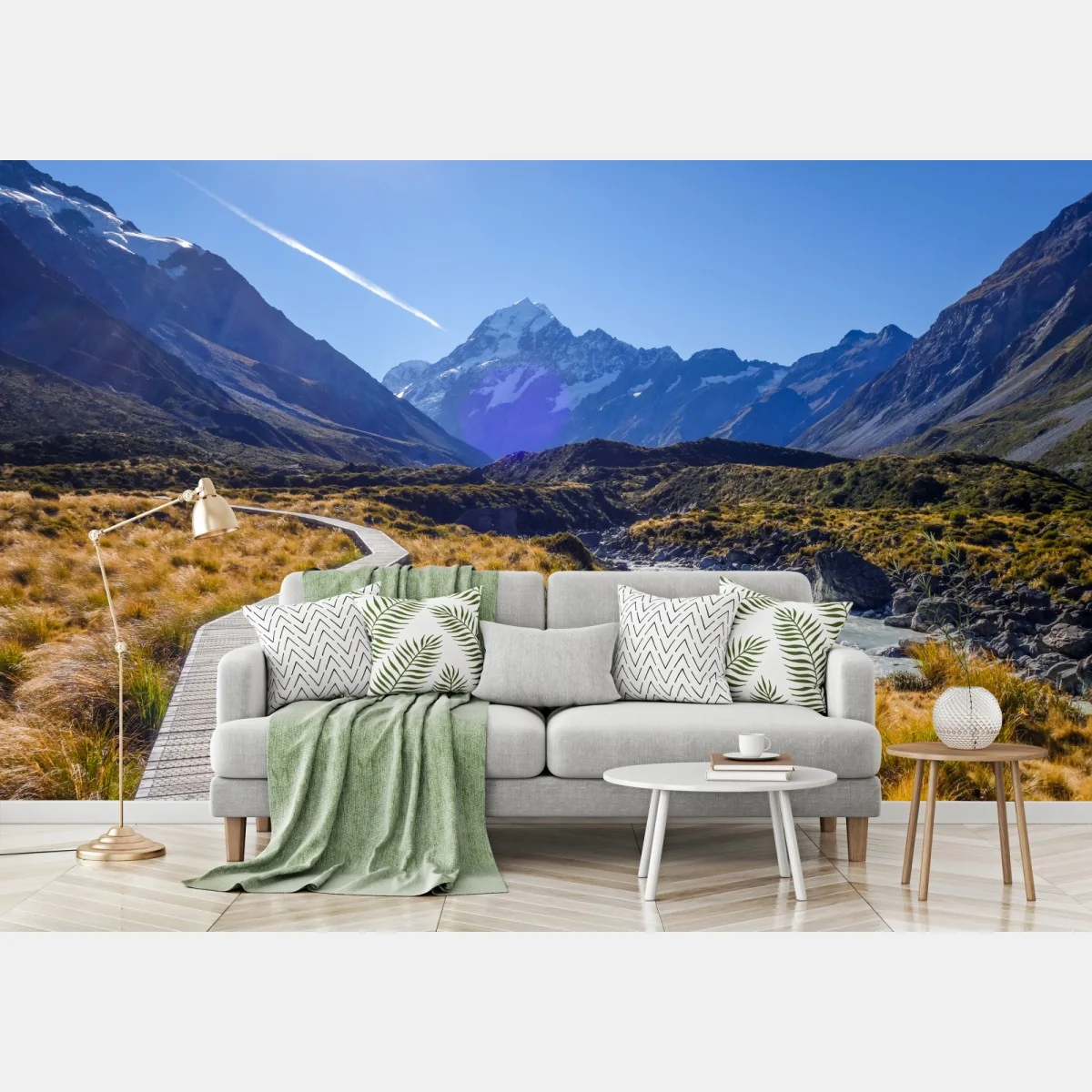 Fototapeta pomost Hooker Valley z widokiem na Aoraki Mount Cook – Wallissimo® Fototapeta pomost Hooker Valley z widokiem na Aoraki Mount Cook – Wallissimo®