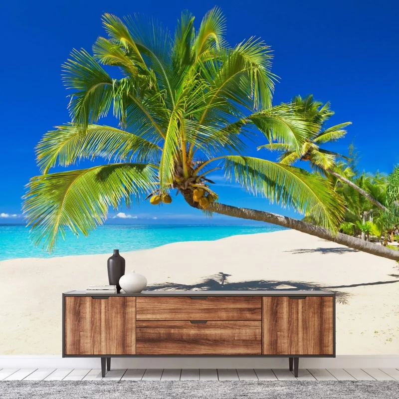 Fototapeta Morze Andamańskie tropikalna plaża z pochyloną palmą – Wallissimo®