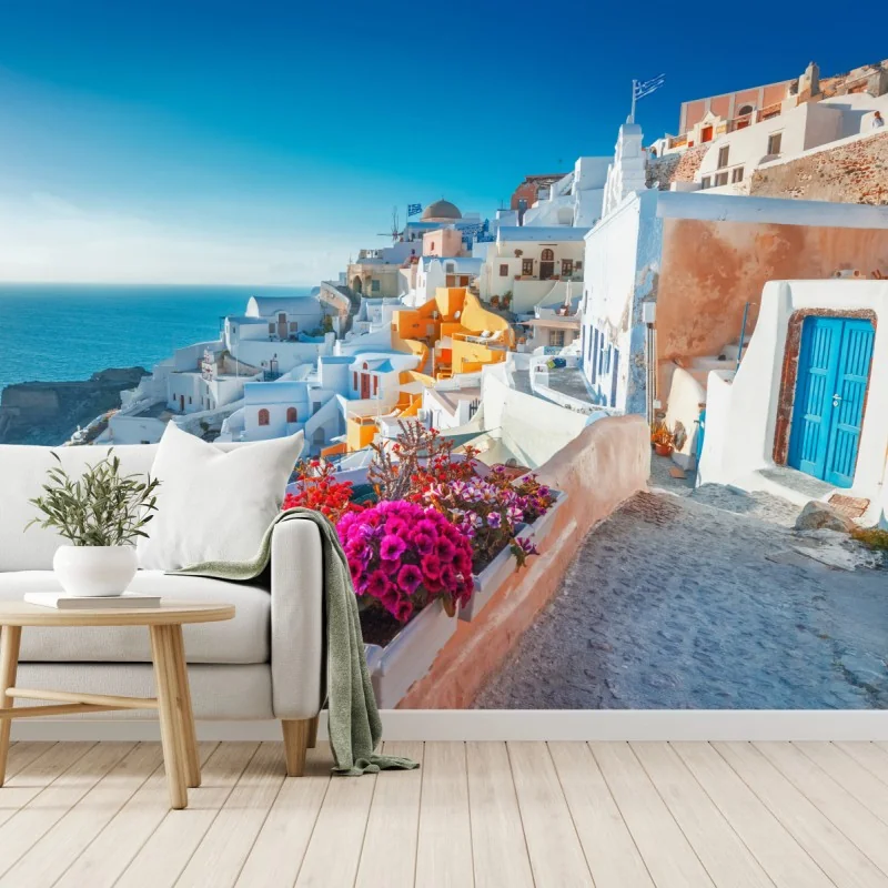 Fototapeta słoneczne Santorini na klifie – Wallissimo® Fototapeta słoneczne Santorini na klifie – Wallissimo®