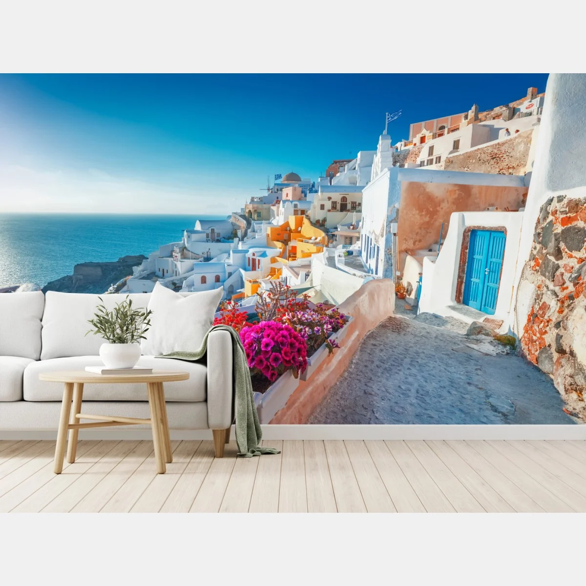 Fototapeta słoneczne Santorini na klifie – Wallissimo® Fototapeta słoneczne Santorini na klifie – Wallissimo®