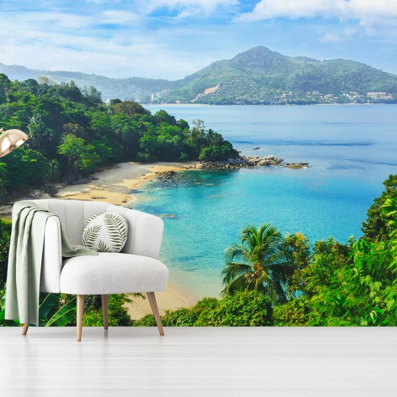 Fototapeta tropikalna turkusowa zatoka z palmami – Wallissimo® Fototapeta tropikalna turkusowa zatoka z palmami – Wallissimo®