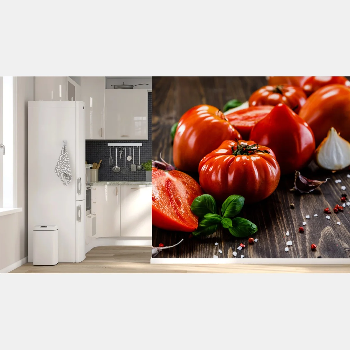 Fototapeta dojrzałe pomidory na rustykalnym stole – Wallissimo® Fototapeta dojrzałe pomidory na rustykalnym stole – Wallissimo®