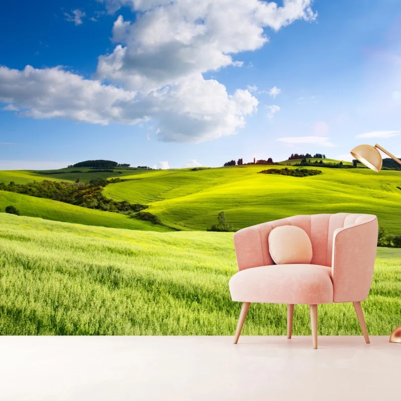 Fototapeta Toskania zielone wzgórza o zachodzie słońca – Wallissimo® Fototapeta Toskania zielone wzgórza o zachodzie słońca – Wallissimo®