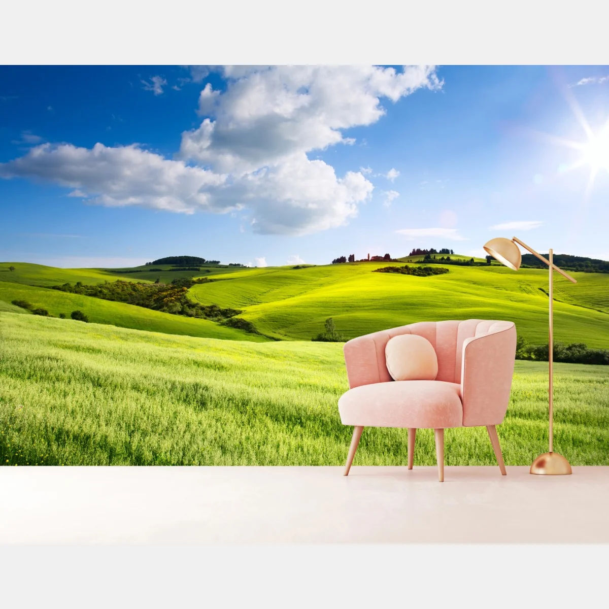 Fototapeta Toskania zielone wzgórza o zachodzie słońca – Wallissimo® Fototapeta Toskania zielone wzgórza o zachodzie słońca – Wallissimo®