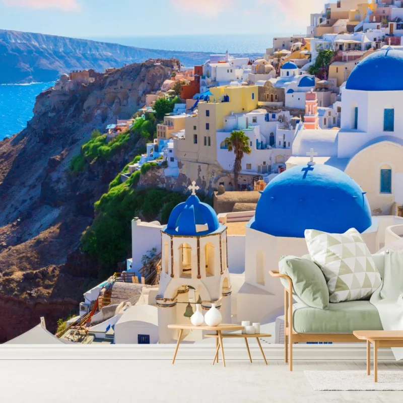 Fototapeta Santorini niebieskie kopuły i białe domy – Wallissimo® Fototapeta Santorini niebieskie kopuły i białe domy – Wallissimo®