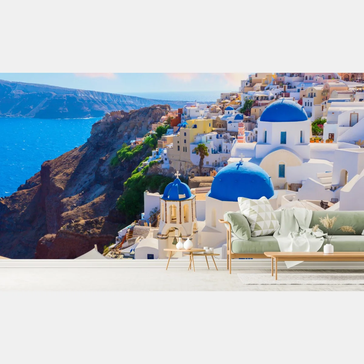 Fototapeta Santorini niebieskie kopuły i białe domy – Wallissimo® Fototapeta Santorini niebieskie kopuły i białe domy – Wallissimo®