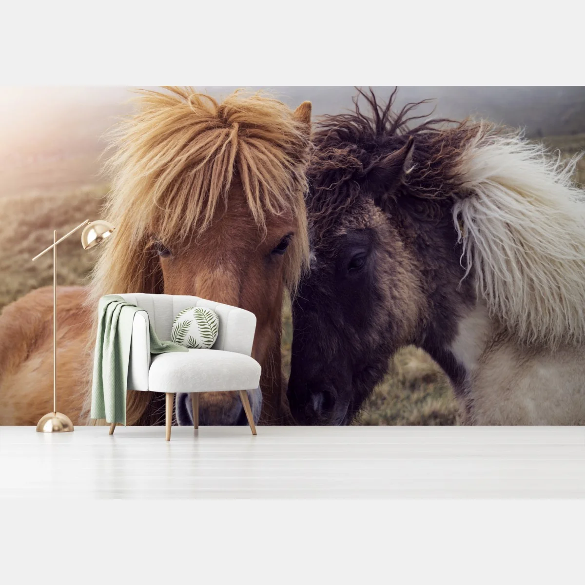 Fototapeta dwa konie na mglistym wzgórzu, Wyspy Owcze – Wallissimo® Fototapeta dwa konie na mglistym wzgórzu, Wyspy Owcze – Wallissimo®