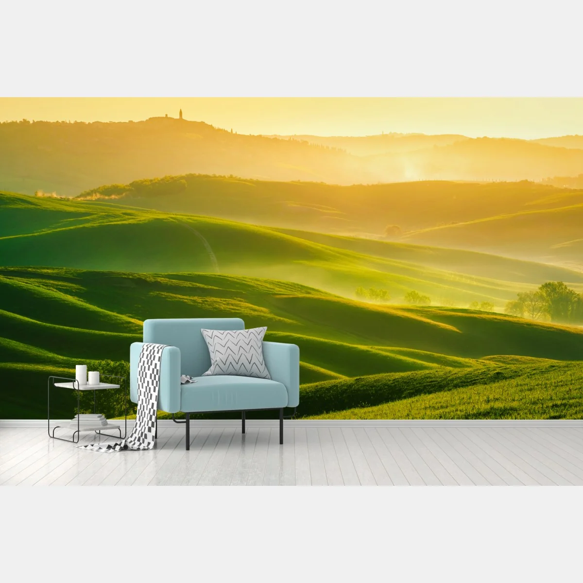 Fototapeta złoty wschód słońca nad zielonymi falującymi wzgórzami – Wallissimo®