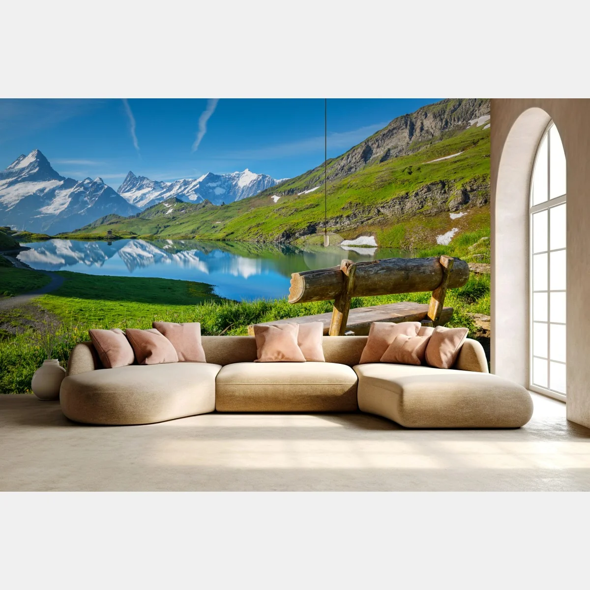 Fototapeta alpejskie jezioro z drewnianą ławką – Wallissimo® Fototapeta alpejskie jezioro z drewnianą ławką – Wallissimo®