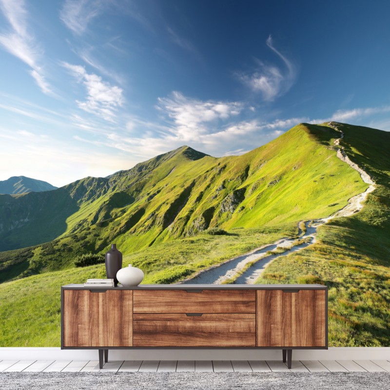 Fototapeta słoneczny grzbiet górski ze ścieżką – Wallissimo® Fototapeta słoneczny grzbiet górski ze ścieżką – Wallissimo®