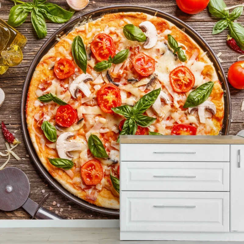 Fototapeta świeża pizza z bazylią i pomidorkami koktajlowymi – Wallissimo® Fototapeta świeża pizza z bazylią i pomidorkami koktajlowymi – Wallissimo®