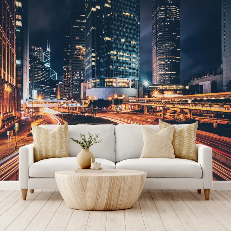 Fototapeta nocne smugi świetlne nad miejską autostradą – Wallissimo® Fototapeta nocne smugi świetlne nad miejską autostradą – Wallissimo®