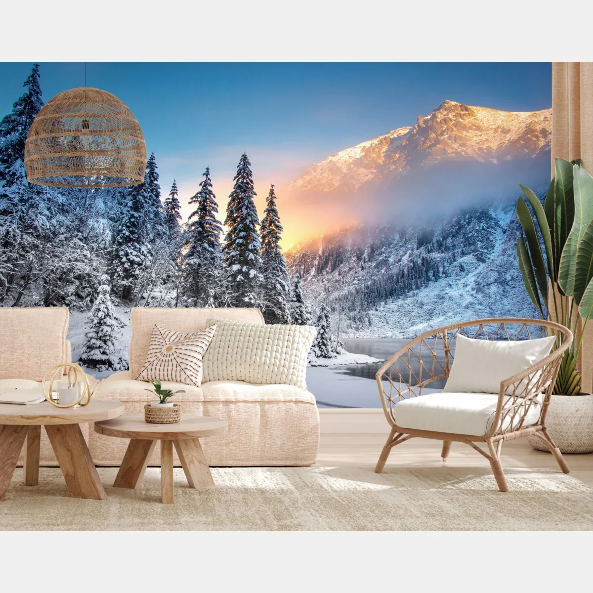 Fototapeta zima o wschodzie nad zaśnieżonym jeziorem górskim – Wallissimo® Fototapeta zima o wschodzie nad zaśnieżonym jeziorem górskim – Wallissimo®