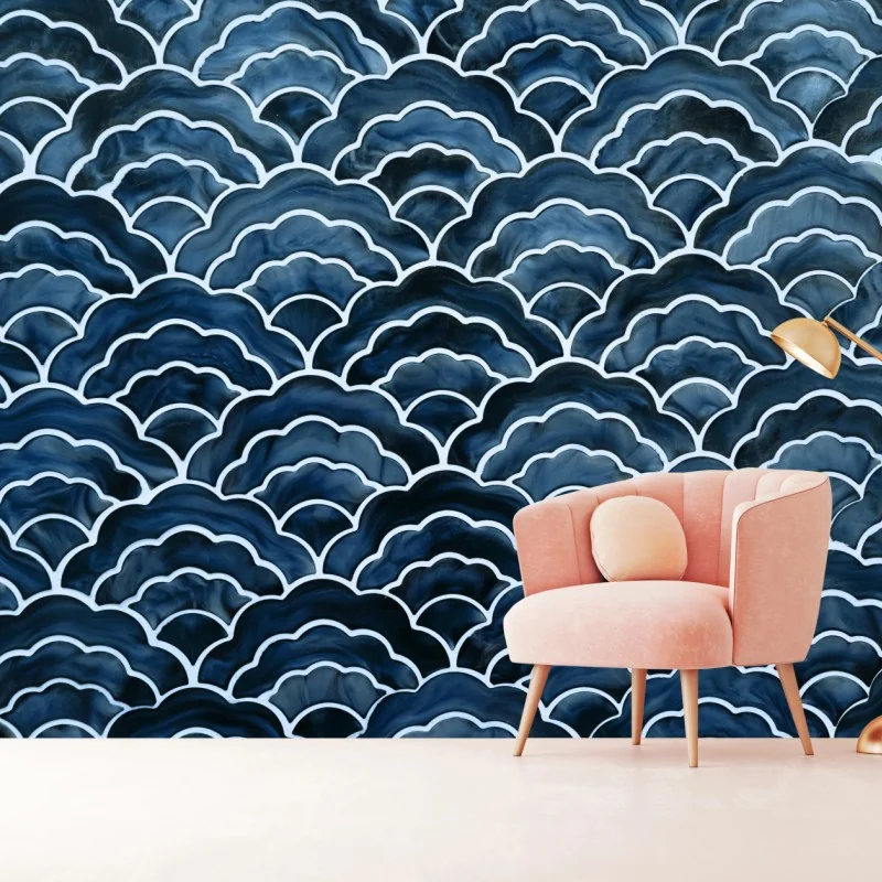 Fototapeta japoński niebieski wzór seigaiha – Wallissimo® Fototapeta japoński niebieski wzór seigaiha – Wallissimo®