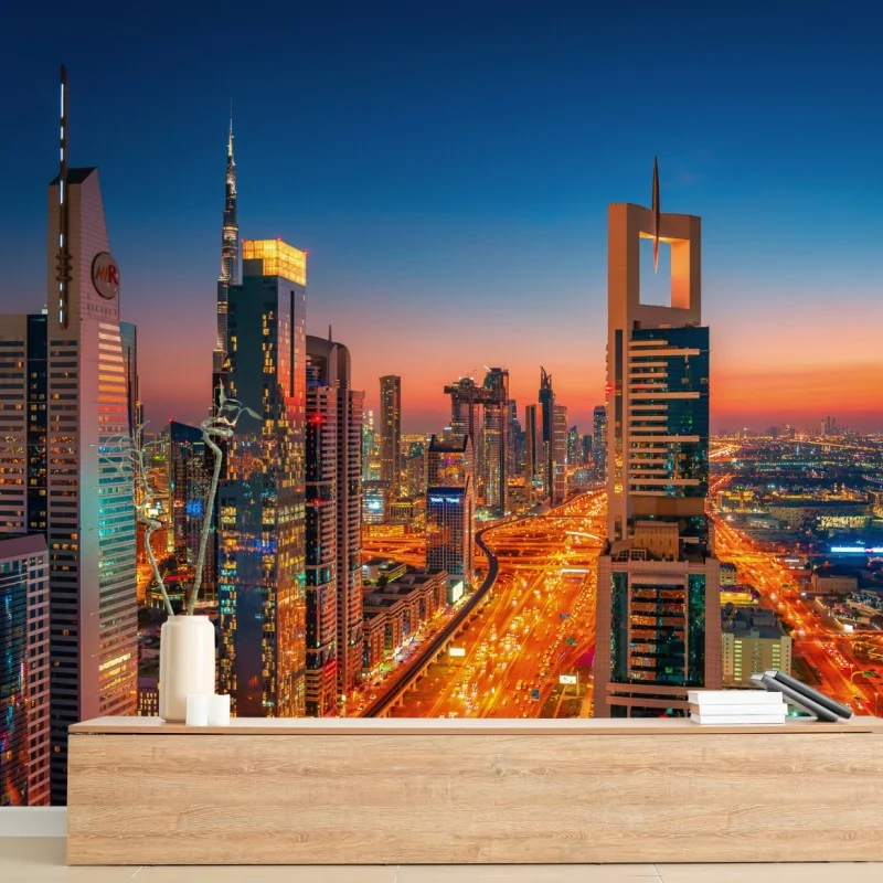 Fototapeta panorama Dubaju o zmierzchu – Wallissimo® Fototapeta panorama Dubaju o zmierzchu – Wallissimo®