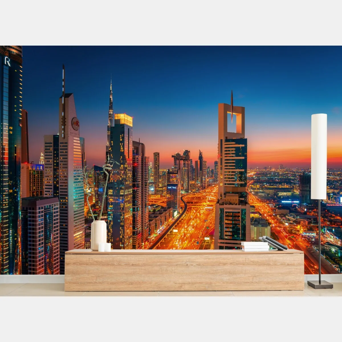 Fototapeta panorama Dubaju o zmierzchu – Wallissimo® Fototapeta panorama Dubaju o zmierzchu – Wallissimo®
